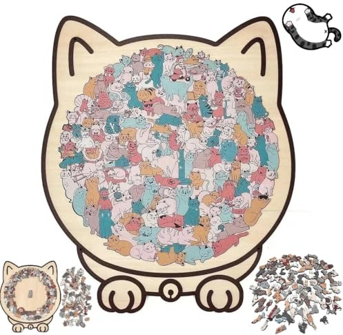 Cat Wooden Jigsaw Puzzle, 135-Piece Colored Cat Shaped Wooden Jigsaw Puzzle, Catss Puzzless, Framed by Adorable Cats Outline Puzzles, Creative Puzzles Gifts for Cats Lovers, Home Decor (Macaron,1pcs)