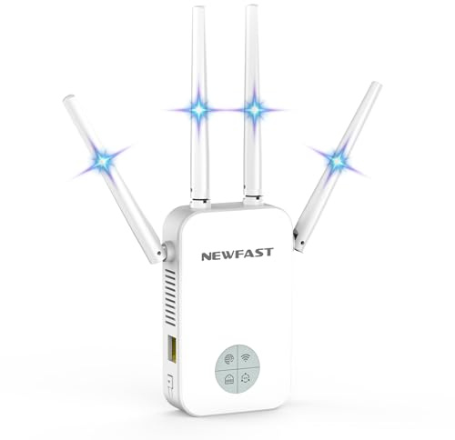 NEWFAST WiFi Booster 1200Mbps WiFi Range Extender, Wi-Fi Extender Booster for Home Dual Band Support Repeater/AP/Router Mode, 4 * 3dBi High Gain Antenna, Ethernet Port, UK Plug White