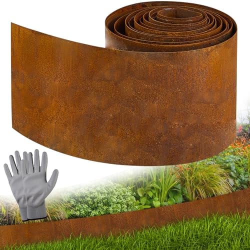 Vehipa 10 m x 14 cm Bordure de pelouse en Acier Corten | Bordure de pelouse en Acier Corten pour pelouse DIY, Bande de pelouse avec Rouille, 1 Paire de Gants Incluse