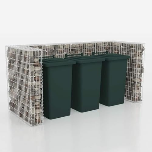 Abri pour 3 Poubelles, Cache Poubelle Cadre à Gabion pour Poubelles Extérieur Acier 250 x 100 x 120 cm
