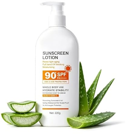 Feuchtigkeitsspendende Sonnencreme LSF 90 220g, Wasserfeste Sonnenlotion mit Hyaluron, Schnell Einziehend ohne Weiße Rückstände, UVA UVB Schutz für Gesicht und Körper (1 Stk)