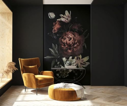 Fototapete Blumen Stillleben Dunkel Vintage XXL Rot Rosa Schwarz Vliestapete für Wohnzimmer Schlafzimmer Made in Germany 2,70 x 1,59m