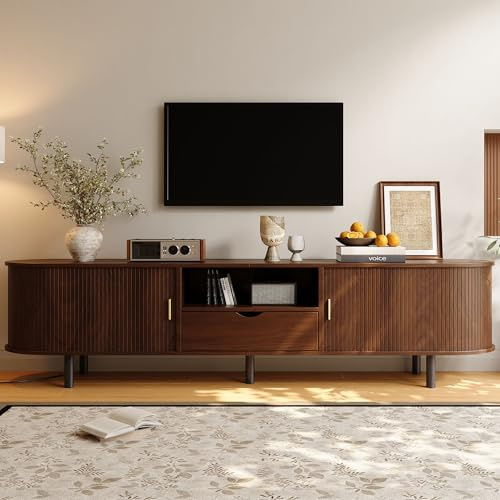 YuQozii Moderner Fernsehtisch 175x40x55cm, lowboard, TV-Schrank mit Runddesign und Rollo-Tür, aus MDF, bis 50 kg belastbar, mit Schublade & offenen Fächern für Wohnzimmer (Walnussholzfarbe)
