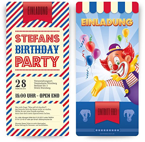 Kartenmachen.de Personalisierte Einladungskarten zum Geburtstag (10 Stück) als Zirkus Ticket Eintrittskarte Clown Jahrmarkt