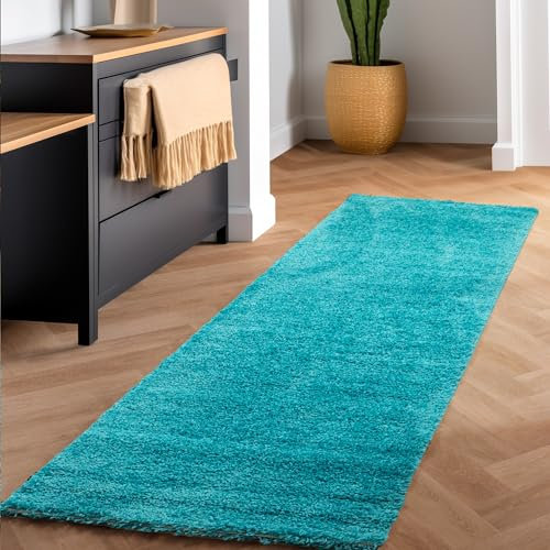 Flauschiger Teppich Wohnzimmer Schlafzimmer Läufer Flur Esszimmer Küchenteppich Hochflor Einfarbig Modernes Design 30 mm Florhöhe Kuschelweich, Türkis, 80 x 250 cm