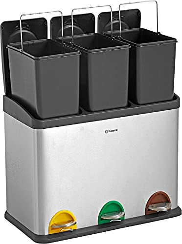 Homra Mülleimer Küche Stephs | Mülltrennsystem 45l | Mülleimer 3 Fächer | Edelstahl Mülltonne 3x15l | Abfalleimer Küche | Treteimer 3 Inneneimern | Tretmülleimer Recyclingeimer | Edelstahl