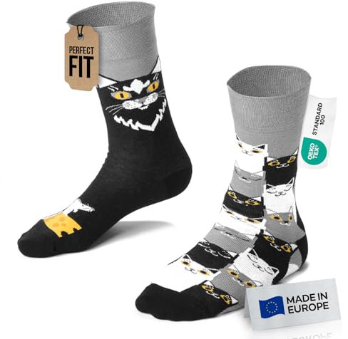 Many Mornings - Mismatched Socken - Lustige Socken Unisex - Katzen Socken - Geschenkidee - Design: Black Cat - Made in EU - 43-46