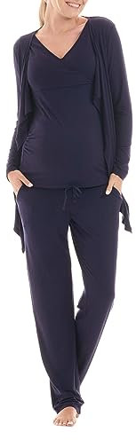 Herzmutter Pyjama Grossesse - Pyjama Allaitement - Trois Pieces - Vêtement de Détente pour Femme Enceinte - Pyjama Ensemble Maternité - Pantalon-Haut-Cardigan - Bleu-Gris - 8100 (XL, Bleu)