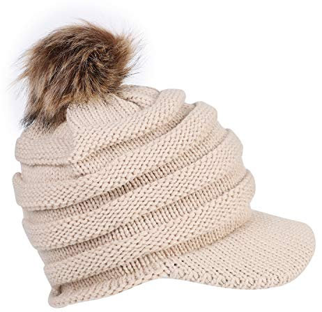 IBLUELOVER Barett Cap Damen Schiebermütze mit Bommel Schirmmütze Grobstrick Einfarbig Strickmütze Outdoor Wintermütze Warme Baskenmütze Gatsby Newsboy Kappe mit Schirm Ballonmütze