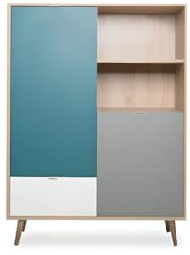 FINORI Highboard Kommode Cuba in Sonoma Eiche hell mit Petrol, weiß und grau Tricolor skandinavische Anrichte 103 x 139 cm
