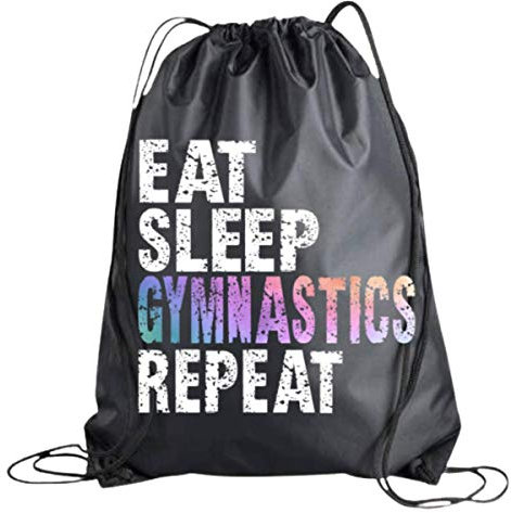 Sportybella 'Eat Sleep Gymnastik Repeat' Rucksack – Turner Rucksack, Schwarz, L, Kordelzug, Gymnastik, Polyester, 2L, Unisex, Ideal für Schule, Sport und Reisen