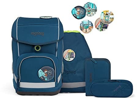 ergobag cubo Set ergonomischer Schulrucksack, Vorgänger-Kollektion, klassisch 5-teilig 1. Klasse Grundschule RobotBär - Blau
