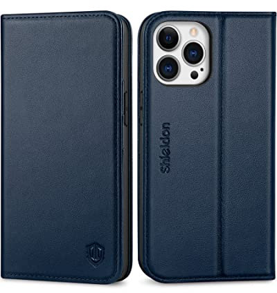 SHIELDON Hülle für iPhone 13 Pro, Handyhülle Schuzhülle [Echtleder] [Schützt vor Stoß] [Verdichtes TPU] [Kartenfach] Magnetische Telefon Lederhülle Kompatibel mit iPhone 13 Pro 6,1 - Dunkelblau