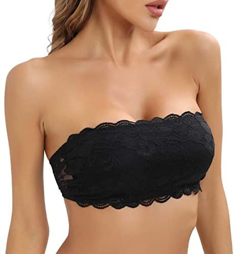 Cavotor Lace Strapless Bra for Women Wireless Bandeau Bra Seamless Padded Bralette Tube Top Sexy Stretchy Comfortable Bras with Clear Invisible Straps (Black,S)