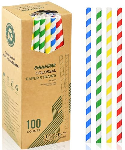 Lot de 100 pailles jetables extra longues 26 cm de large 10 mm de large pour smoothies épais, milkshakes – Rayures colorées, 100% biodégradables