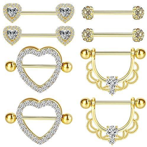 8 Stück Nippelringe für Frauen,Kucheed 14G Chirurgenstahl Zungenringe Nippelpiercing Schmuckhalter,12–18 mm gerades Langhantel Nippelring Set, Niedliche Herz Nippelringe mit Kubischem Zirkonia (B)