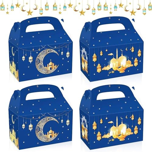 12 Stück Eid Mubarak Geschenkboxen, Ramadan Geschenk Box, Ramadan Geschenkschachteln Weiß Gold, Mubarak Party Gunst Tasche, Muslimische Ramadan Leckerlis Geschenktüten, Ramadan Decor (Blaues Gold)