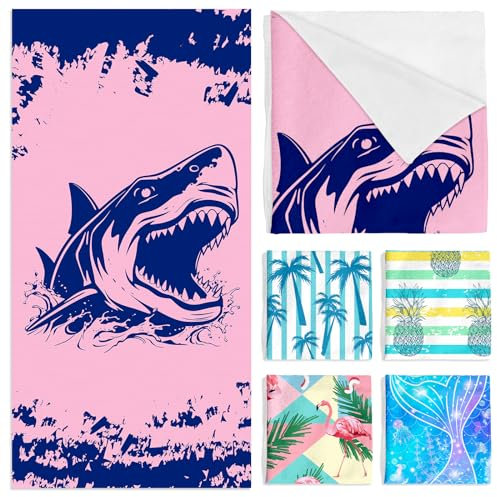 MaciRept Mikrofaser-Strandtuch, dünn, saugfähig, Strandtücher für Erwachsene, rosa Hai, Strandtuch, Decke, sanddichtes Handtuch, super saugfähig, Pool-Handtuch, Schwimmen, Bad, Pool, großes