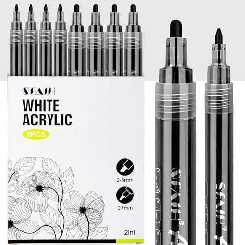 SFAIH Bolígrafos de pintura acrílica negra, paquete de 8 unidades, punta media de 2 a 3 mm y marcador de pintura blanca extra fina de 0,7 mm para pintura de roca, madera, metal, tela, plástico.