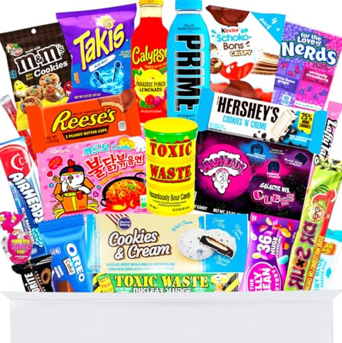 Amerikanische Süßigkeiten Box mit 24 viralen Bestsellern - Mit Takis Chips, Prime drink, Buldak ramen, Calypso, Schokobons Crispy etc. - 24 Süßigkeiten aus aller Welt - American Candy Süssigkeiten Box