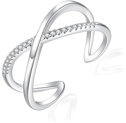Josfeva Silber Damen Ringe, 925 Sterling Silber Verlobungsring Eheringe Band Ring, Verstellbar Stapelbare X-Form Ring mit Zirkonia, Weißgold Trendy Minimalistischer Daumenring für Liebe Braut Freund