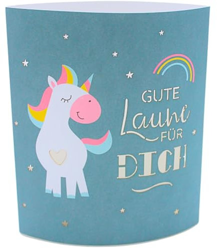 Dekohelden24 Poesielicht - Nachtlicht - Stimmungslicht - Dekolicht in dunkelgrün, mit Timer, Batteriebetrieben, Motiv: Einhorn, Gute Laune für dich - L/B/H 13 x 5 x 16 cm.