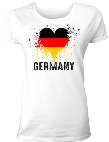 Damen T-Shirt mit Deutschland Länder Fahne/Flagge in Herzform für Fans & Supporter und Fußball EM WM - auch als Geschenk für Fußball Trikot Fans