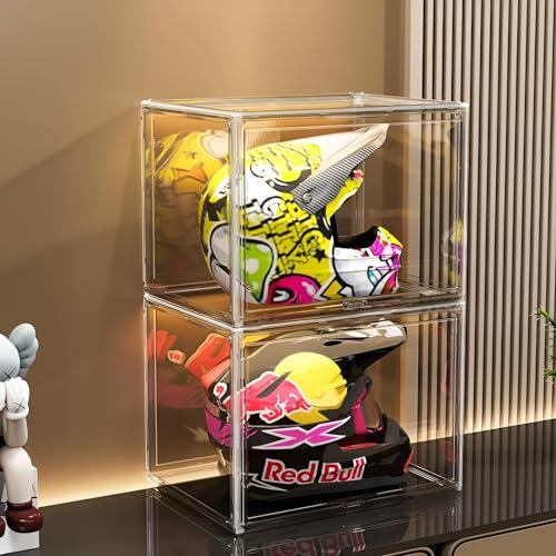 GUDEMAY XL transparente stapelbare Aufbewahrungsboxen mit Magnetverschluss - Staubdichte Aufbewahrung Vitrine Acryl Schaukasten für Helme, Figuren, Bücher, Kosmetik, Schuhe und Handtaschen