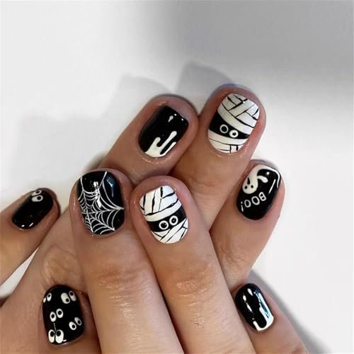 Square Halloween False Nails with Glue - 24Pcs French Press on Nails with Bandage Mummy Pattern - Black French Tip Halloween Fake Nails Short - Stick on Nails for Women Girls Halloween Nails Art