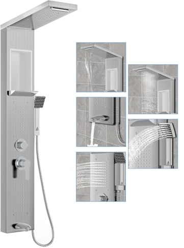 UISEBRT Duschpaneel Edelstahl, 5 Funktionen Duschsystem Duscharmatur Komplettset mit Regendusche, Wasserfall, Handbrause, 2 Massagedüsen, Wanneneinlauf (Silber Gebürstet)