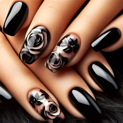 GlamRays Pack of 24 Rose Flowers Press On Nails for DIY Manicure Shiny Black Roses Acrylic Nails Medium Coffin False Nails Gel Glue Nail Black Flowers False Nails Nailing