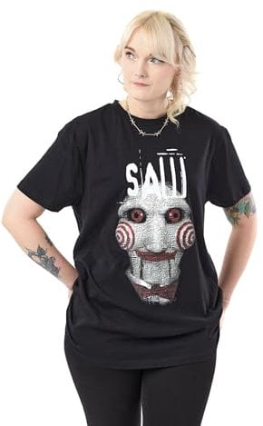Vanilla Underground Saw Mens Black Short Sleeved T-Shirt | Horror Movie Graphic Tee | Jigsaw Puppet from Saw Crew Neck Cotton Top | Halloween Apparel | Movie Merchandise for Horror Fans