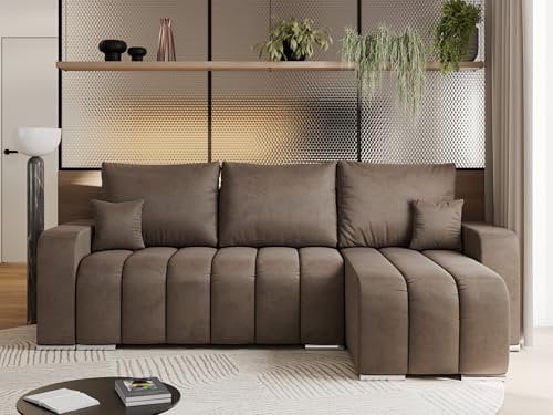 MKS MEBLE Sofa mit Schlaffunktion - Ecksofa mit Schlaffunktion und Bettkasten - Sofa 3 Sitzer - Schlafsofa - Couch - Schlafsofa mit Bettkasten - Kirasso L - Braun Velvet