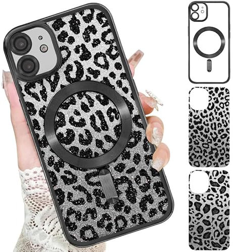 Xylota Magnetische Handyhülle für iPhone 12 6,1 Hülle mit 2 x Glitzer Karton, Aesthetic Leopard Muster Mädchen Case, Compatibel mit MagSafe, Weich Silikon Dünn TPU Stoßfeste Schutzhülle, Schwarz