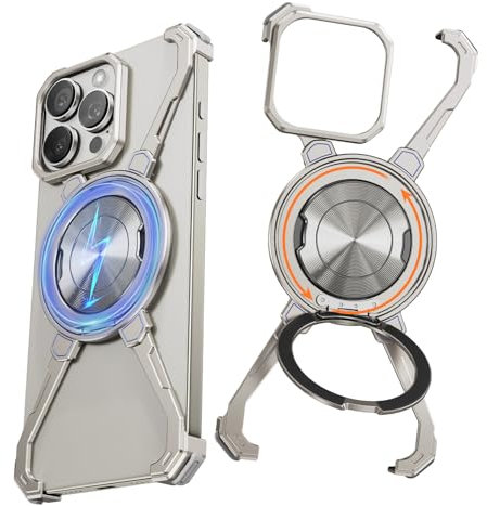 NIFBANG X Hülle für iPhone 15 Pro Max Hülle mit Magsafe,360° Drehbar Magnetisch Ständer,Rahmenlose Metall Handyhülle Case,Anti-Scratch Kameraschutz Schutzhülle Slim Bumper Cover,Titan Natur