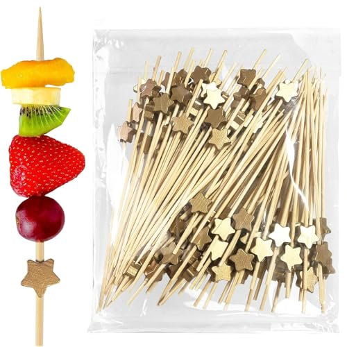 Palillos de cóctel para apetizadores dorados de bambú para cócteles de bambú, para bebidas, fiestas, fruta, alimentos, accesorios (Golden Star Pack de 100) Visit the THISONG Store