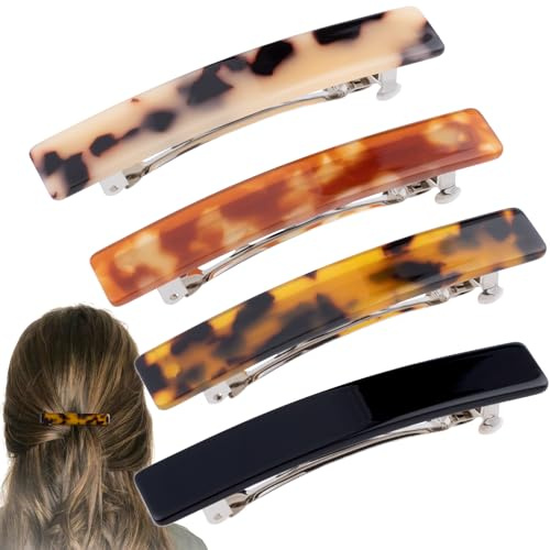 VARMDUKKE Kleine französische Haarspangen, 7,5 cm, Schildpatt-Haarspange für Damen, glänzend, rechteckig, flach, Haarschmuck für dünnes, dickes, langes Haar, 4 Farben, 4 Stück