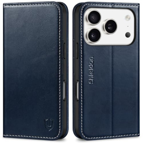 SHIELDON Lederhülle für für iPhone 17 Pro 6,3 5G 2025, Retro Dunkelblau | Rindsleder Hülle, Schutzhülle, Stoßfest, Kartenfach, Magnetverschluss, Stand, RFID Blocker, Handy-Ösen, Telefon Cover