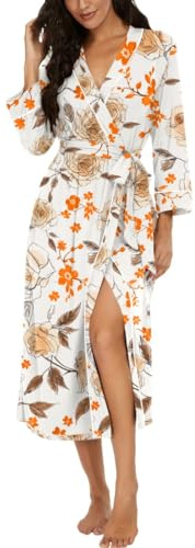 PrinStory Bademäntel Damen Leichter Kimono Roben 3/4 Ärmeln Damen Morgenmäntel Lange Nachtwäsche Lässig Loungewear Saunamantel