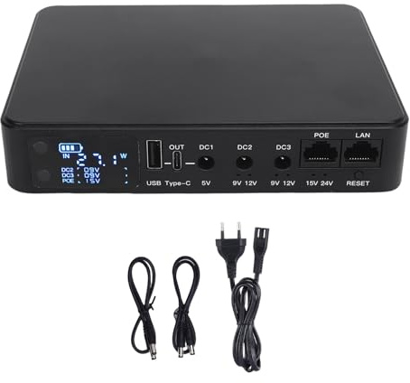 Fockety 18000mAh Mini UPS Battery Backup, 5 Prises de Secours de Secours Alimentation de Batterie avec Une Sortie Multi-Tension DC 5V 9V 12V pour Le Routeur WiFi, Caméra de sécurité (Prise UE)