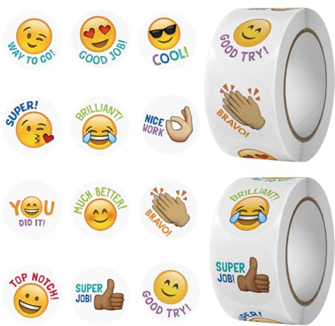 PYEUIFT 1000 Stück Belohnungssticker Sticker Für Lehrer Motivationssticker Grundschule Selbstklebende Sticker Für Schule Lehrerbedarf 10 Smiley Designs 25 Mm Lobsticker Belohnungssystem
