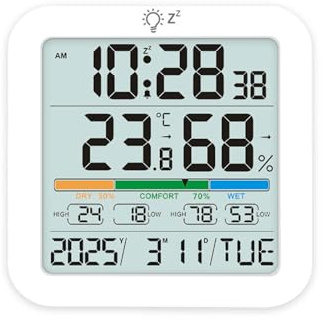 Sunydog Digital Hygrometer Thermometer Clock with LCD Backlight 24 Hours Min Max Records for Home Office School Desktop Hygrometer Thermometer [Gray]