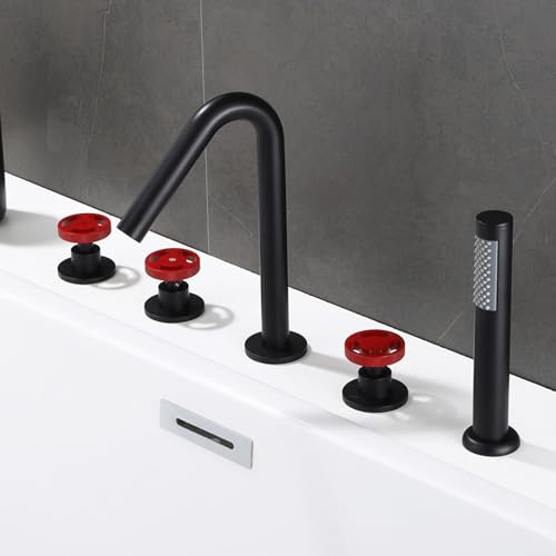 5 Loch Wasserhahn Badewanne mit Brause Schwarz Schwanenhals Wannenrand Armatur 360° Drehbar Duscharmatur+rot