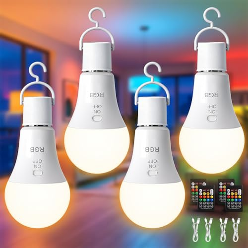 TaoFiaCo 7 W E27 Lampadina Ricaricabile, 3 Colore & RGB, 4 Pezzi | Lampadina Batteria, Dimmerabile, USB-C, Senza Fili, Comandi a Pulsante, Campeggio Come Illuminazione di Emergenza
