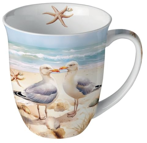 Ambiente Kaffeetasse Henkelbecher Teetasse Mug 0,4 l Fine Bone China Porzellan Möven Meer Strand Serie seagulls