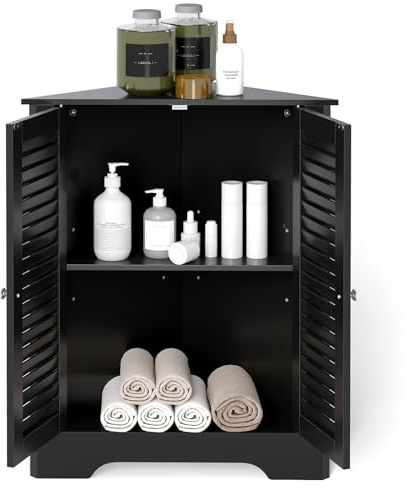 Multigot Bathroom Storage Cabinet (Double Door, Black) | Corner Floor Cabinet with 2 Shutter Door & Adjustable Interior Shelf, Free Standing Organizer Cupboard for Living room