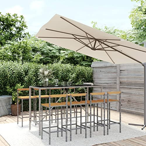 SKTQYQO Gartenbar-Set, 9-teilig, grau, Polyrattan und Massivholz, Akazienholz, Balkonmöbel-Set, Terrassenmöbel, geeignet für Balkone