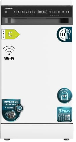 Cecotec Freistehender Geschirrspüler 45 cm Bolero Aguazero 4560 Connected. 11 Maßgedecke, 9 Programme, Energieeffizienzklasse C, Inverter Plus Duo Motor, O2Dry, Super Dry, Save+, AutoClean, Weiß