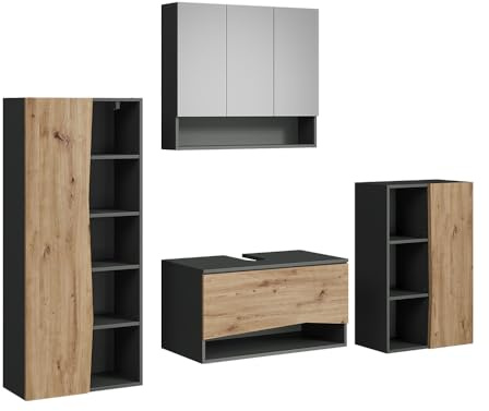 Vicco Badmöbel-Set Willow, Artisan, 80 cm, besteht aus Waschbeckenunterschrank, Spiegelschrank, Hochschrank und Midischrank