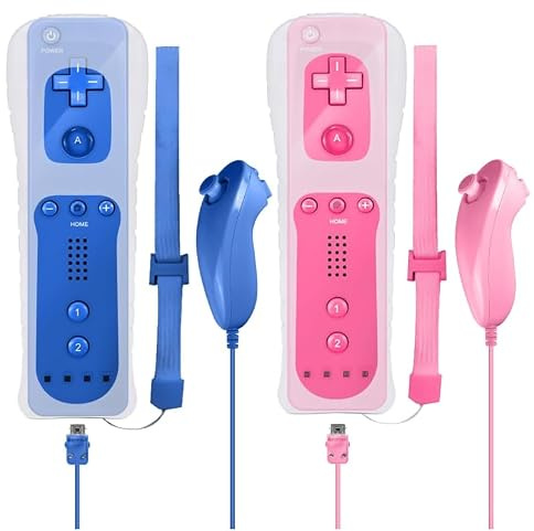XPJBKC Nintendo Wii Controller, 2er Set Motion Wii U Controller mit Silikonhülle und Handschlaufe, Remote Plus Wii-Remote für Wii/WiiU Konsole, Wii-Fernbedienung, Rosa+Hellblau